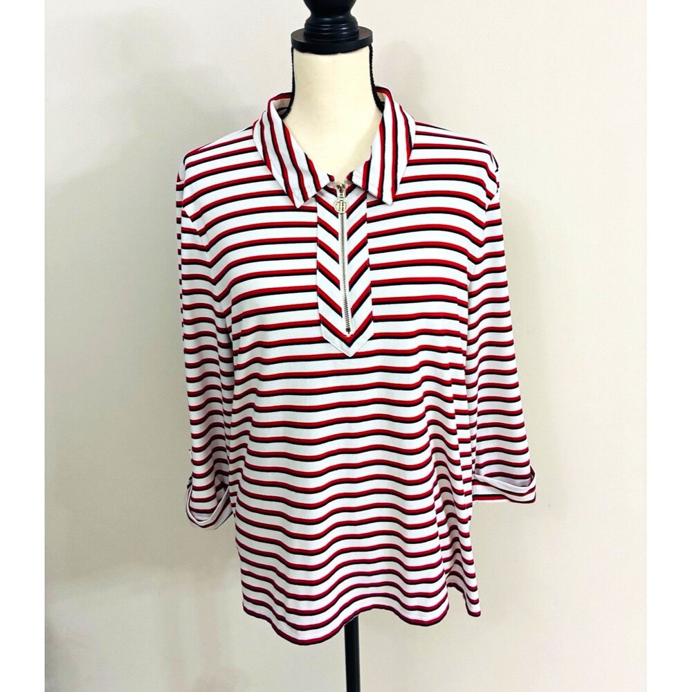 Tommy Hilfiger Women’s Striped 3/4 Sleeve Half-Zip Polo Red White Navy XL